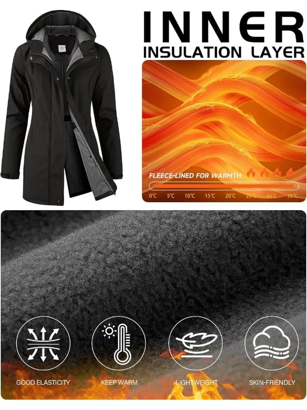 Women's Black Hooded Fleece Lined Waterproof Hiking Softshell Long Rain Jacket